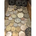 TRAY OF CHINESE AND ORIENTAL COINS AND A BOXWOOD FOLDING RULER
