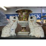 GILDED CAMPANA SHAPED URN AND A PAIR OF REPRODUCTION STAFFORDSHIRE SPANIELS