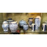 SHELF OF REPRODUCTION CHINESE AND VICTORIAN BLUE AND WHITE WARE TEA CADDY, SPARROWBEAK JUGS,