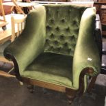 WILLIAM IV GREEN BUTTON BACK UPHOLSTERED READING CHAIR WITH OUTSWEPT ARMS ON FLUTED TAPERED