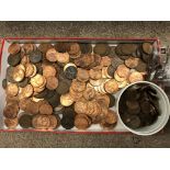 TRAY TOP OF PRE DECIMAL PENNIES AND A TUB OF MIXED PRE-DECIMAL COINS