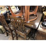 OAK DRAWER LEAF TABLE WITH FOUR BARLEY TWIST UPHOLSTERED DINING CHAIRS