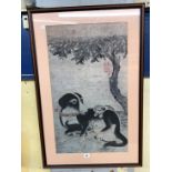 WOOD BLOCK PRINT OF DOG WITH PUPPIES 79 X 50CM APPROX