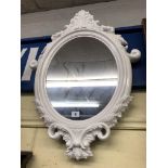 WHITE PAINTED OVAL CRESTED MIRROR 71 X 54CM APPROX AND RECTANGULAR SHELL FRAMED MIRROR 76 X 61CM