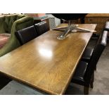 OAK TRESTLE END REFECTORY TABLE AND FOUR CONTEMPORARY BROWN LEATHER CHAIRS