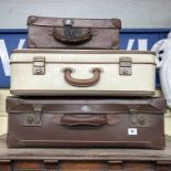 THREE VINTAGE SUITCASES AND A LLOYD LOOM LINEN BIN