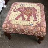 CABRIOLE LEG INDIAN ELEPHANT TAPESTRY UPHOLSTERED FABRIC STOOL