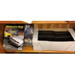 BOX OF VINTAGE SCALEXTRIC AND A RIGHT ANGLE CROSSING WITH A SCALEXTRIC CATALOGUE AND BOOK