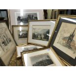 SELECTION OF ANTIQUARIAN TINTED PRINTS OF STAFFORDSHIRE, SALISBURY CATHEDRAL,