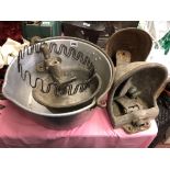 THREE GALVANIZED SINGLE CATTLE AND HORSE WATER BOWLS AND PRESERVE BOWL