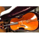 CASED CHINESE CELLO WITH BOW IN FLIGHT CASE