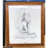 SIGNED EROTIC PRINT OF A PENCIL SKETCH IN MAPLE FRAME,