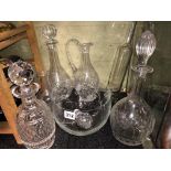CUT GLASS DECANTERS AND ETCHED GLASS BOWL