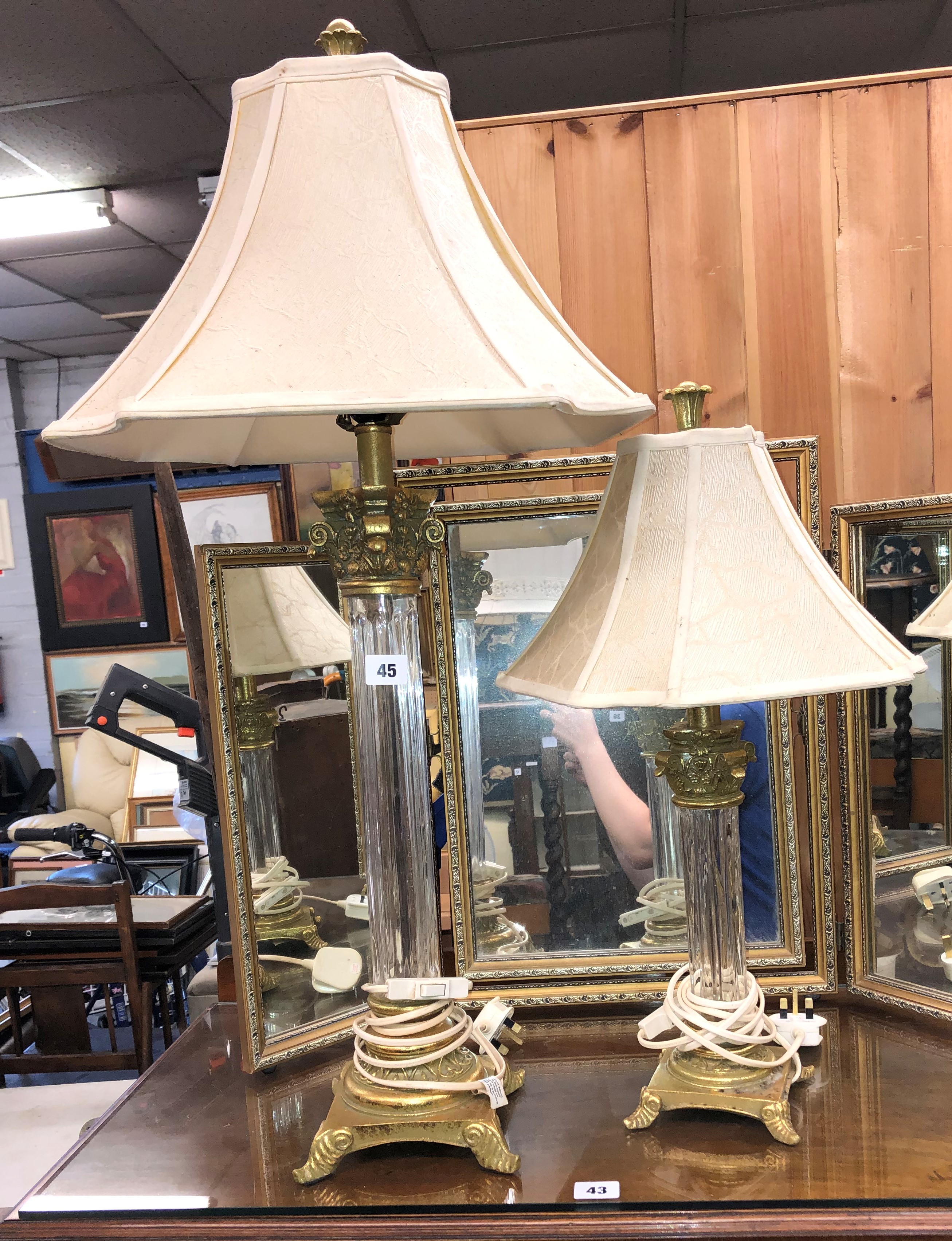 TWO GLASS CORINTHIAN COLUMN TABLE LAMPS