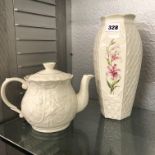 BELLEEK CREAM WARE SERENITY TEAPOT AND BELLEEK COUNTRY TRELLIS TEN INCH VASE