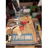 TWO BOXES OF MISCELLANEOUS IRONMONGERY, DRILL, CORDLESS SHRUB SHEAR,