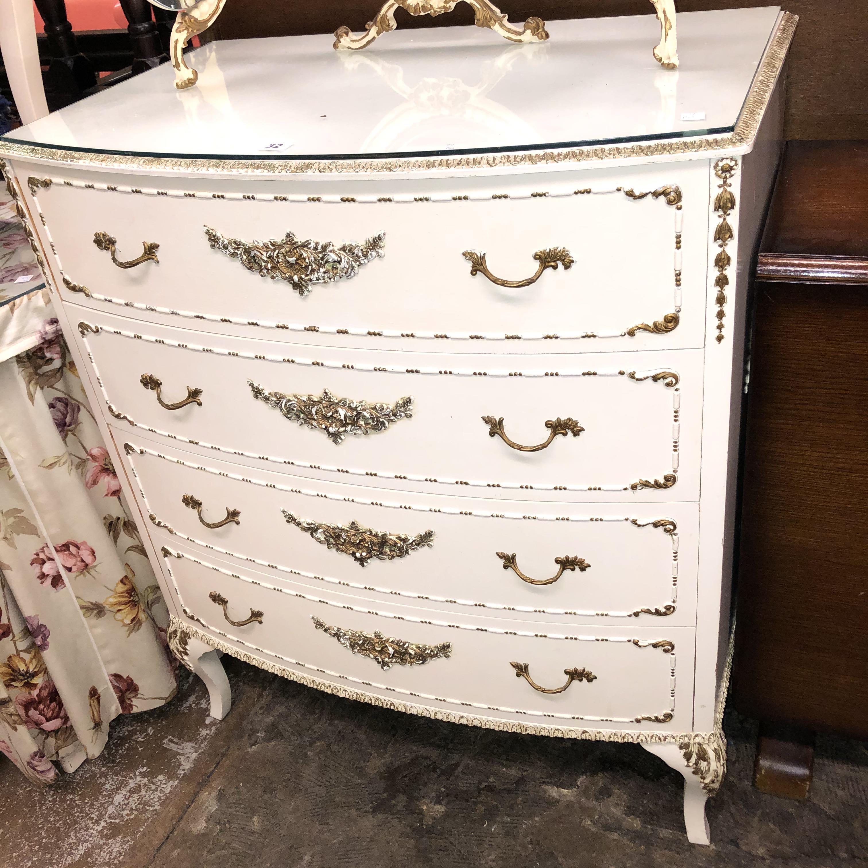 FRENCH STYLE CREAM PAINTED BOW FRONT DRAWER CHEST AND TRIPLE DRESSING MIRROR - Image 3 of 3