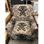 BROWN AND BLACK PATTERNED FABRIC ARMCHAIR