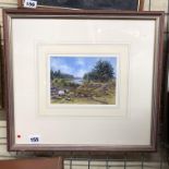 SMALL WATERCOLOUR TITLED "COD BECK, OSMOTHERLY" RESERVOIR SCENE WITH SHEEP SIGNED PATRICIA WORMALD,