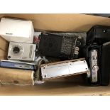 BOX CONTAINING MINIATURE ROBERTS RADIO, SMALL DIGITAL CAMERAS,