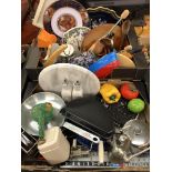 TWO CARTONS CONTAINING ASSORTED KITCHENALIA INCLUDING CHOPPING BOARD, TOLE WARE TRAYS,