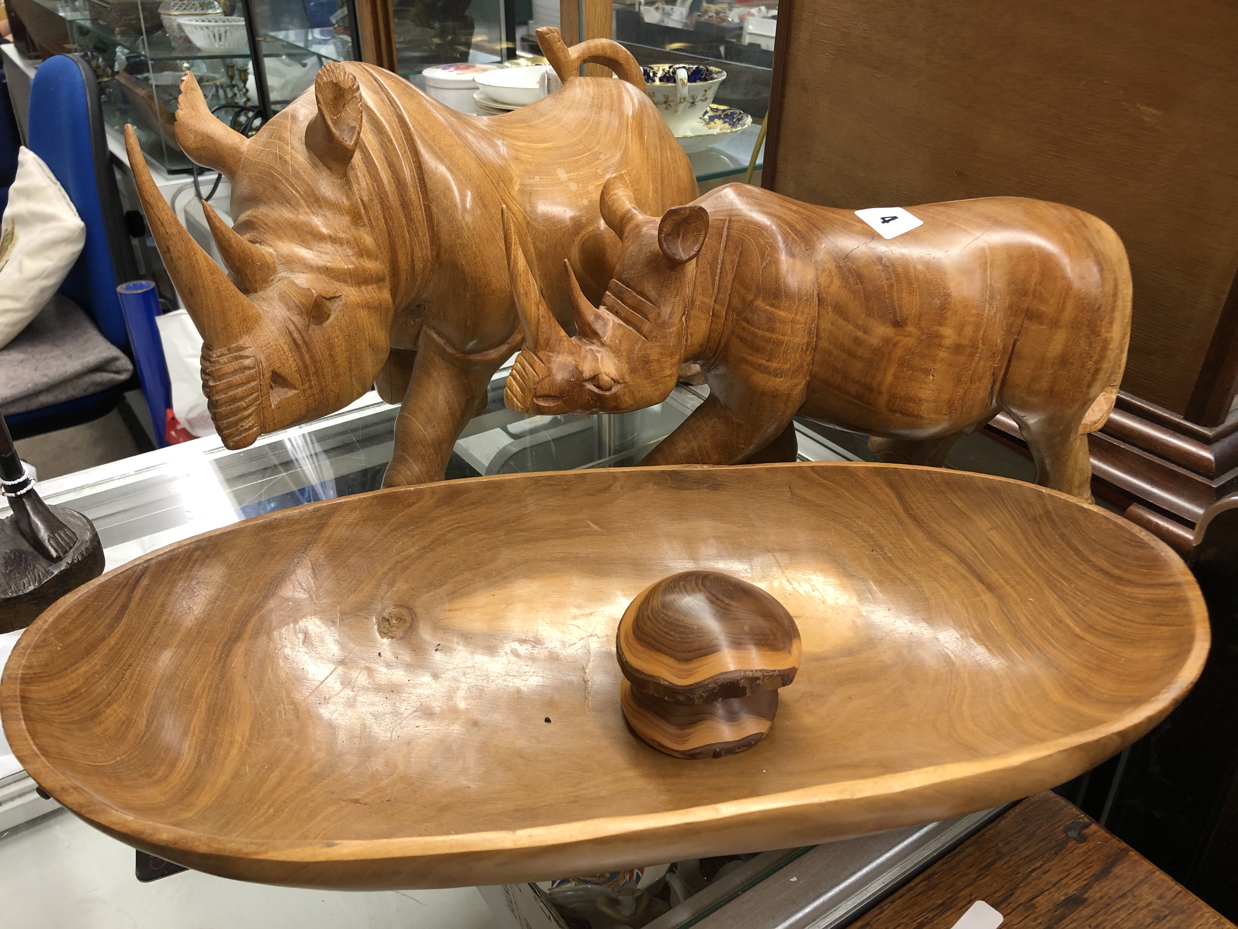 TWO CARVED WOODEN RHINOCEROS, - Image 2 of 6