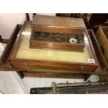 FOLDING LAP TRAY, TWO GLAZED TABLE TOP BIJOUTERIE CABINETS,