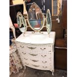FRENCH STYLE CREAM PAINTED BOW FRONT DRAWER CHEST AND TRIPLE DRESSING MIRROR
