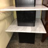 PAIR OF BLACK ASH SQUARE BASED MARBLE TOPPED TABLE