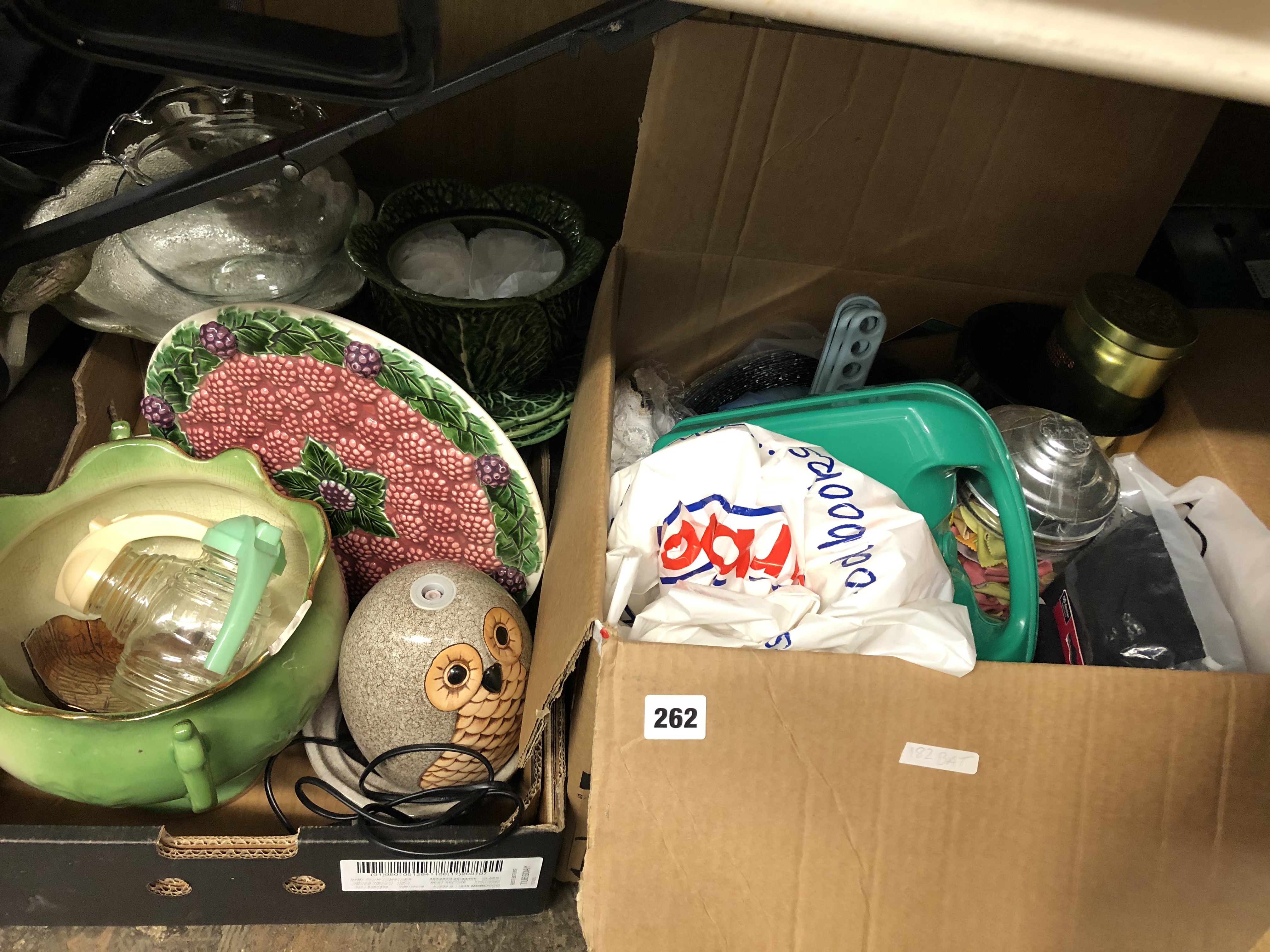 TWO BOXES UNDER TABLE CONTAINING CABBAGE LEAF PLANTERS, BERRY TRAY AND VINTAGE JARS, ETC.