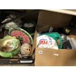 TWO BOXES UNDER TABLE CONTAINING CABBAGE LEAF PLANTERS, BERRY TRAY AND VINTAGE JARS, ETC.