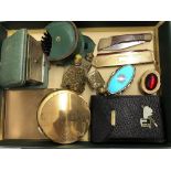 TRAY OF POWDER COMPACTS, TRAVELLING ALARM CLOCKS,