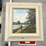 SMALL OIL ON PANEL TITLED "BY THE THAMES" SIGNED JOHN PANNELL 1993,