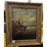 19TH CENTURY OIL ON CANVAS- CASTLE IN A COASTAL LANDSCAPE IN GILDED FRAME 36CM X28CM