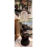 BRONZED EFFECT ART NOUVEAU FIGURAL LAMP WITH MOTTLED SHADE