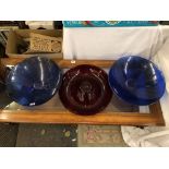 TWO LARGE BRISTOL BLUE AND RUBY GLASS BOWLS