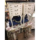 KIDNEY SHAPED DRESSING TABLE AND A PAIR OF CREAM PAINTED THREE DRAWER CHESTS