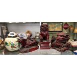 CRACKLEWARE OVOID JAR AND COVER AND THREE RED RESIN SHISHI LIONS AND A WATER BUFFALO