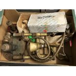 BOX CONTAINING VINTAGE BRASS MIXER TAPS,