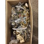 BOX OF MISCELLANEOUS COSTUME JEWELLERY, BEADS, WRIST WATCHES,