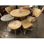 BAMBOO AND RATTAN CIRCULAR PATIO TABLE, PAIR OF CHAIRS,