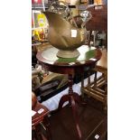 MAHOGANY LEATHER TOPPED WINE TABLE AND BRASS COAL BUCKET, SKIMMER,