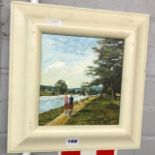 SMALL OIL ON PANEL TITLED "BY THE THAMES" SIGNED JOHN PANNELL 1993,