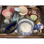 CARTON CONTAINING MALING POTTERY, BLUE AND WHITE VEGETABLE TURINE AND COVER,