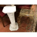 WROUGHT IRON PLANT STAND AND A POTTERY PLANT STAND