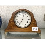 EDWARDIAN MAHOGANY AND MARQUETRY CASED MANTEL TIME PIECE