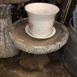 PEDESTAL BIRD BATH AND TWO PLANTERS