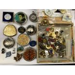 BOX OF ENAMEL LAPEL BADGES AND PINS,