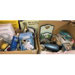 TWO LARGE BOXES CONTAINING SODA SYPHON, MEERCAT SOFT TOYS, PART TEA SETS,
