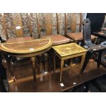 TWO SORRENTO STYLE MARQUETRY DEMI LUNE AND RECTANGULAR MUSICAL SEWING TABLES AND RUSTIC PINE STOOL
